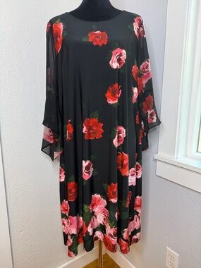 Roz & Ali Black Watercolor Floral Romantic Rose Dress Bell Sleeve Chiffon 1X